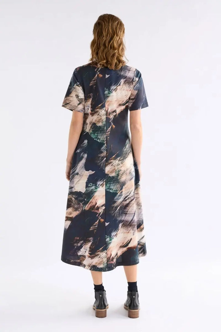 Woman wearing Dega T-Shirt Dress in Holte Print by ELK the Label back