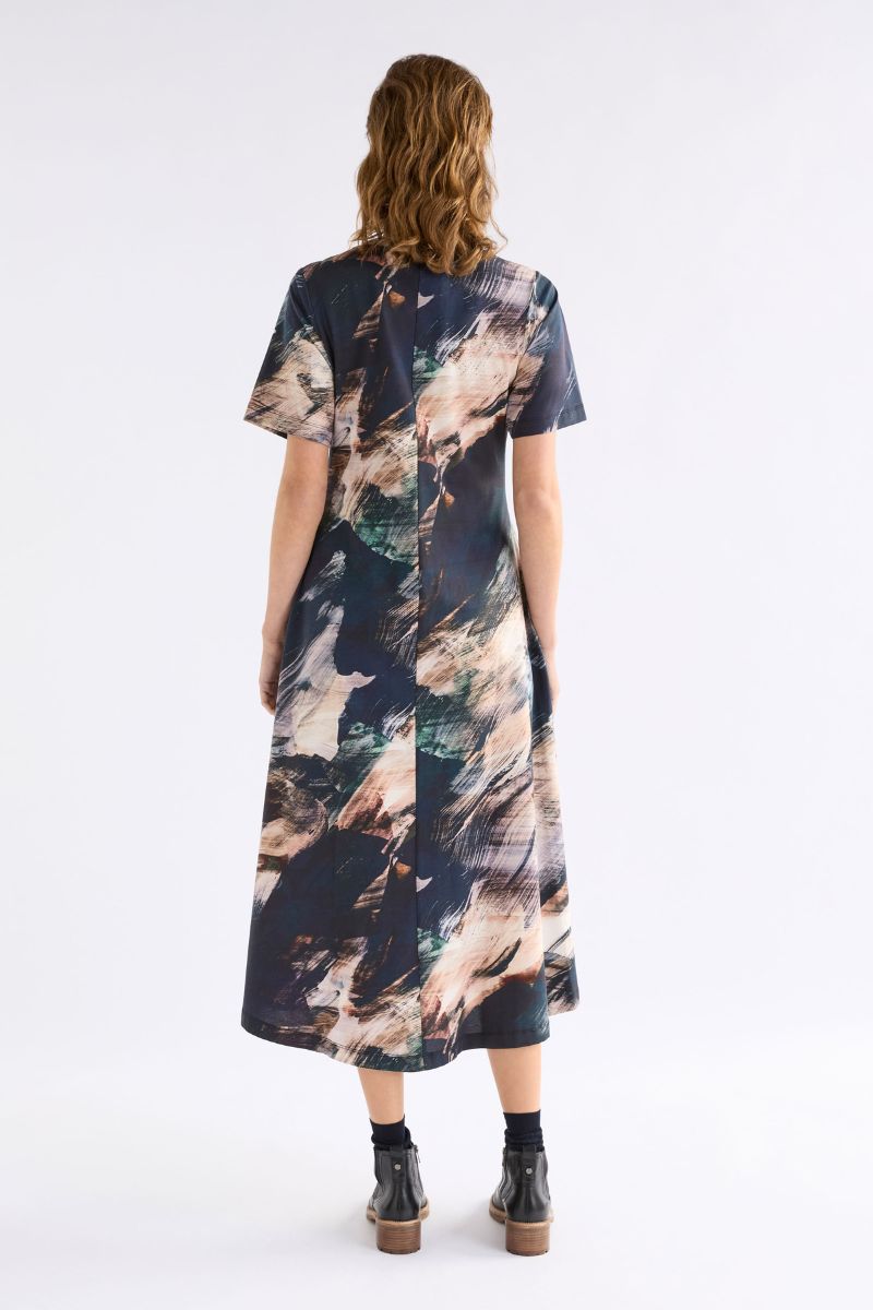 Woman wearing Dega T-Shirt Dress in Holte Print by ELK the Label back