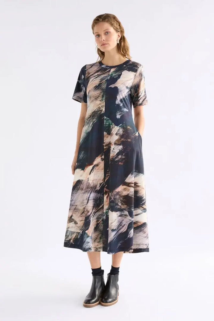 Woman wearing Dega T-Shirt Dress in Holte Print by ELK the Label front