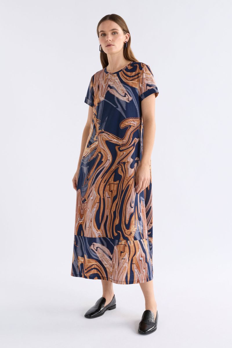 ELK Haki Dress Brandr print front view midi A line A1588
