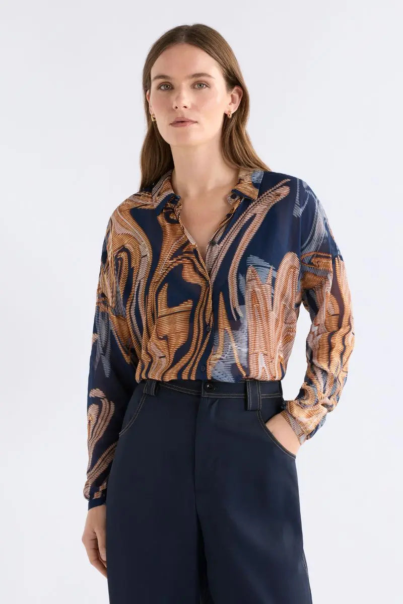 Detail of Eir Sheer Shirt in Brandr Print by ELK the Label style A1592