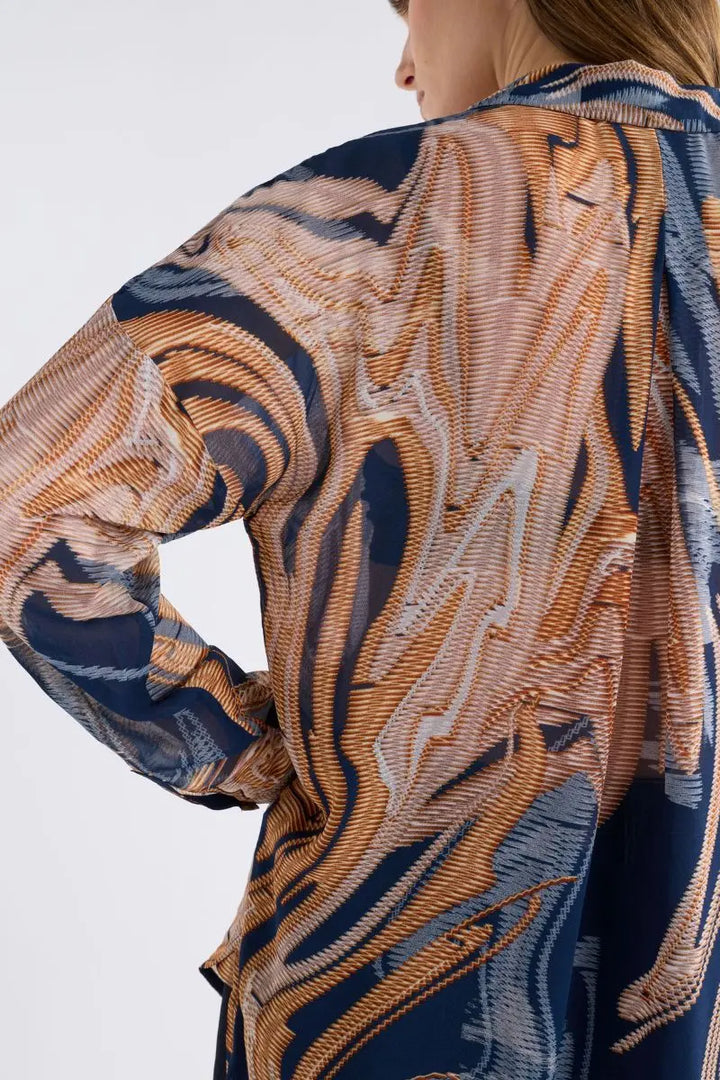 Detail of Eir Sheer Shirt in Brandr Print by ELK the Label style A1592