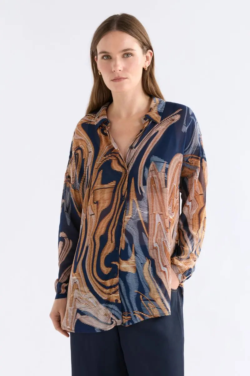 Woman wearing Eir Sheer Shirt in Brandr Print by ELK the Label style A1592 front