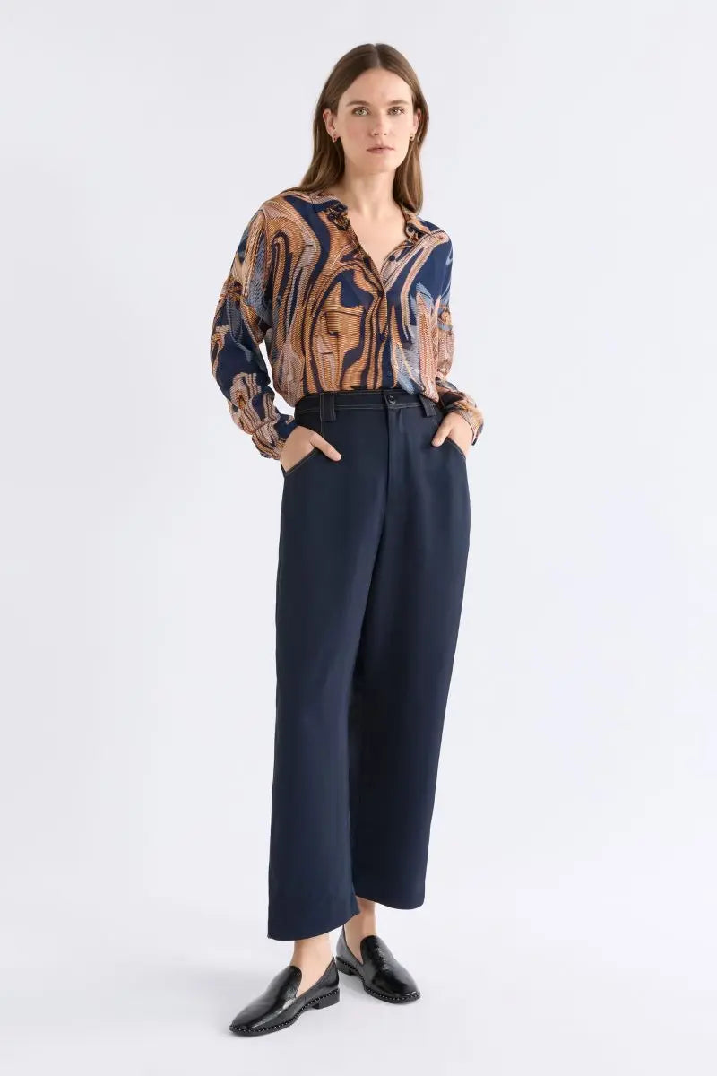 Woman wearing Eir Sheer Shirt in Brandr Print by ELK the Label style A1592 styled