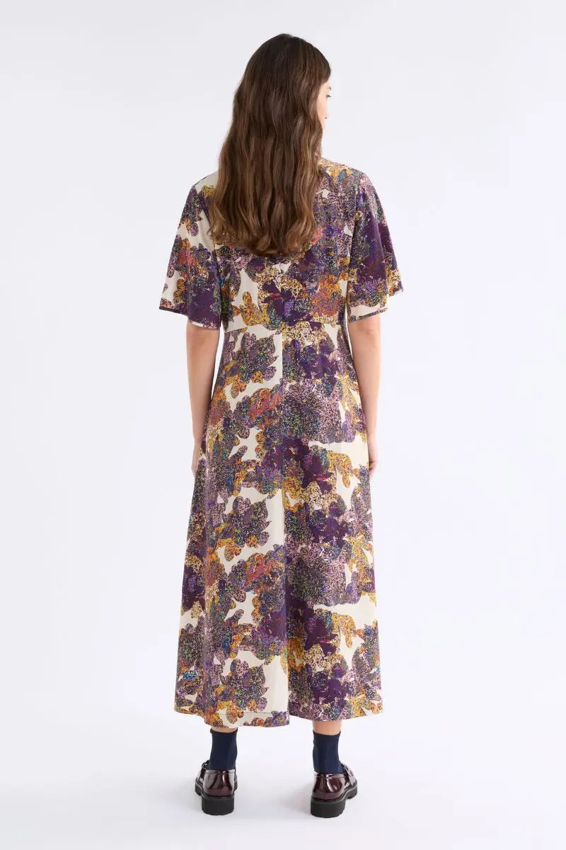 Woman wearing Aube Dress in Lantis Print by ELK the Label style A1640 back