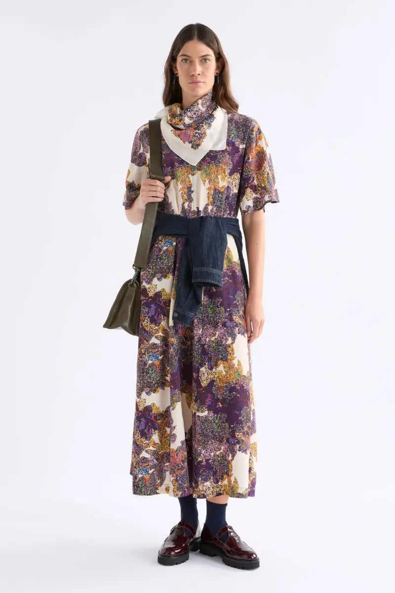 Woman wearing Aube Dress in Lantis Print by ELK the Label style A1640 styled