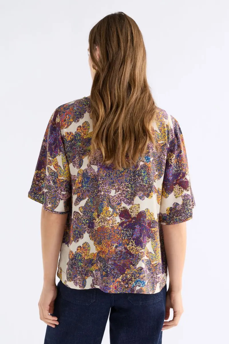 Woman wearing Aube Top in Lantis Print by ELK the Label style A1641 back