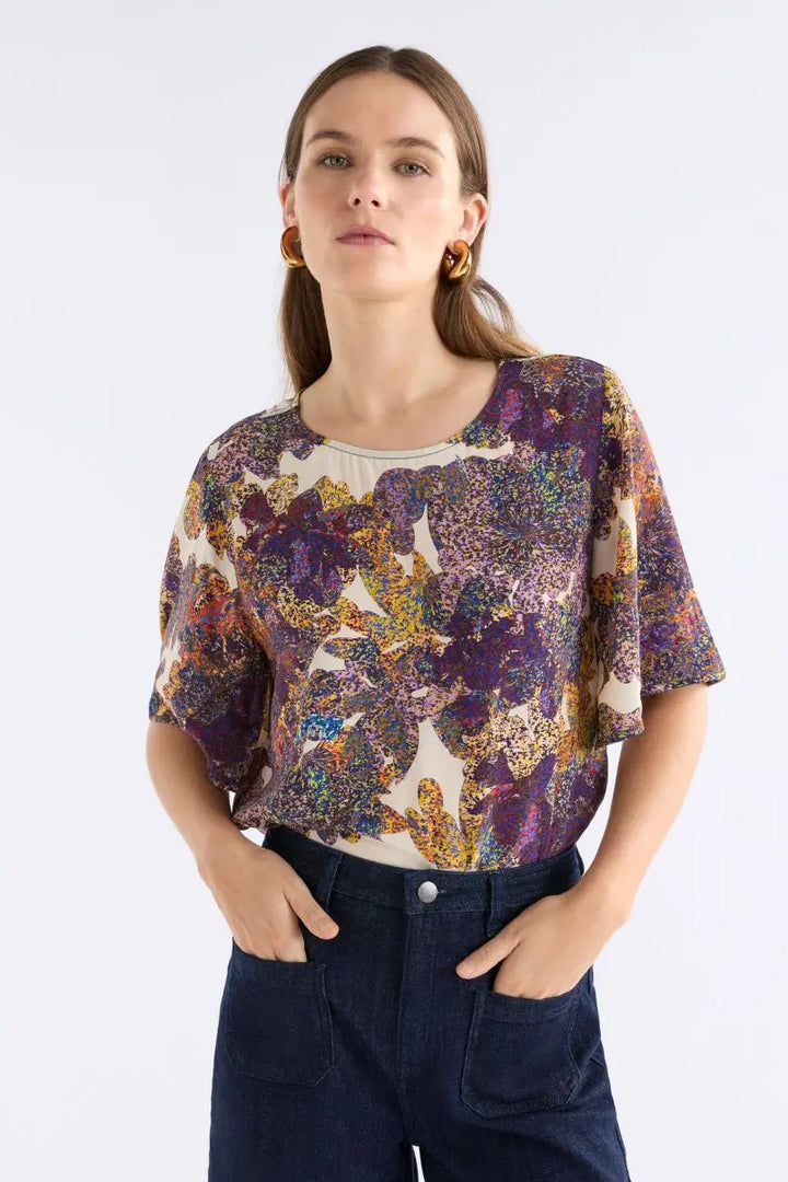 Woman wearing Aube Top in Lantis Print by ELK the Label style A1641 front
