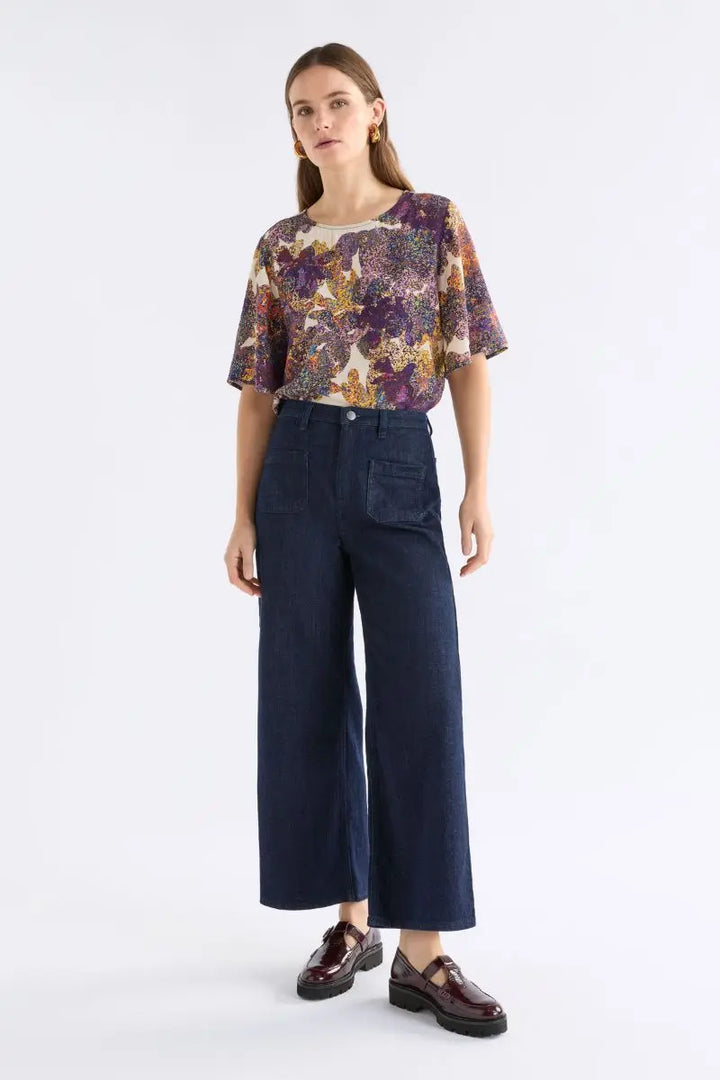Woman wearing Aube Top in Lantis Print by ELK the Label style A1641 styled
