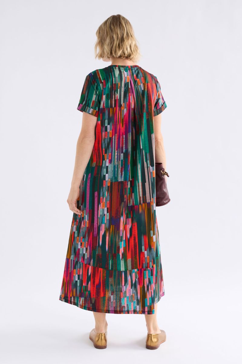 Woman wearing Haki Dress in Mella Print by ELK the Label back