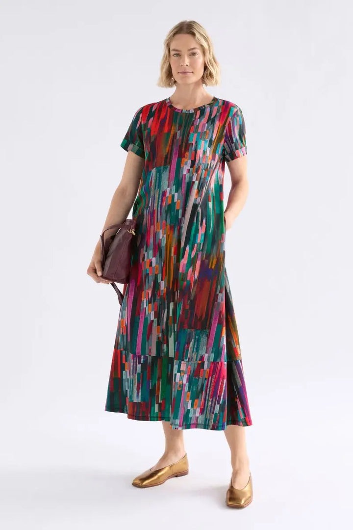 Woman wearing Haki Dress in Mella Print by ELK the Label front