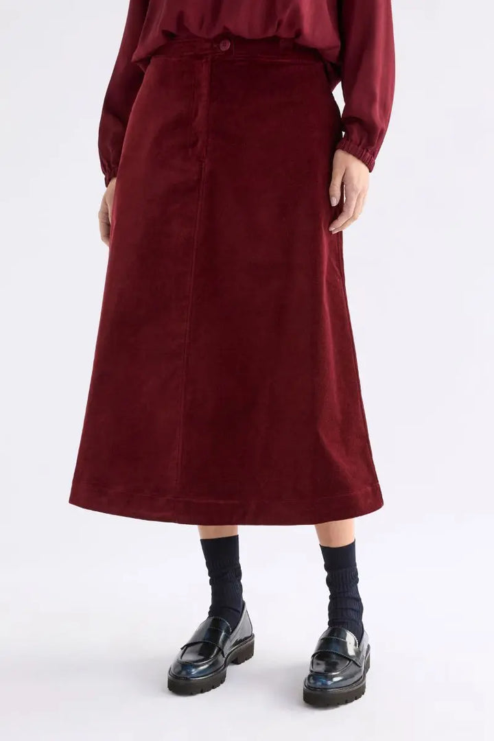 Woman wearing Altes Skirt in Merlot by ELK the Label detail