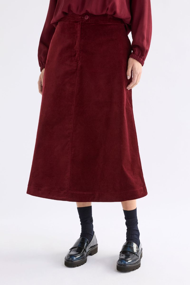 Woman wearing Altes Skirt in Merlot by ELK the Label detail