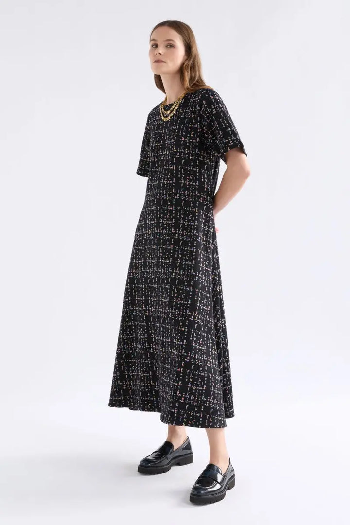 Woman wearing Mohr Long Dress in Black Fleck by ELK the Label front
