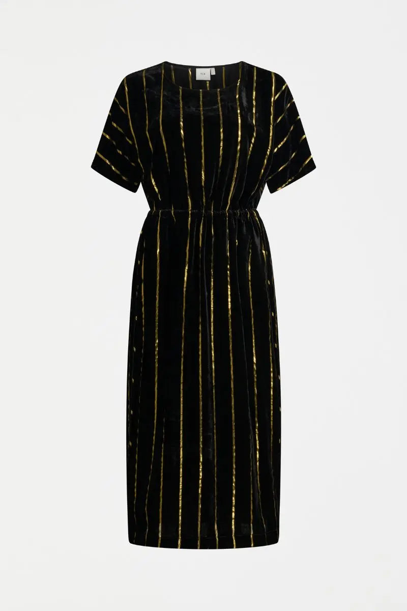 Woman wearing Lumii Dress in Black and Gold by Elk the Label detail