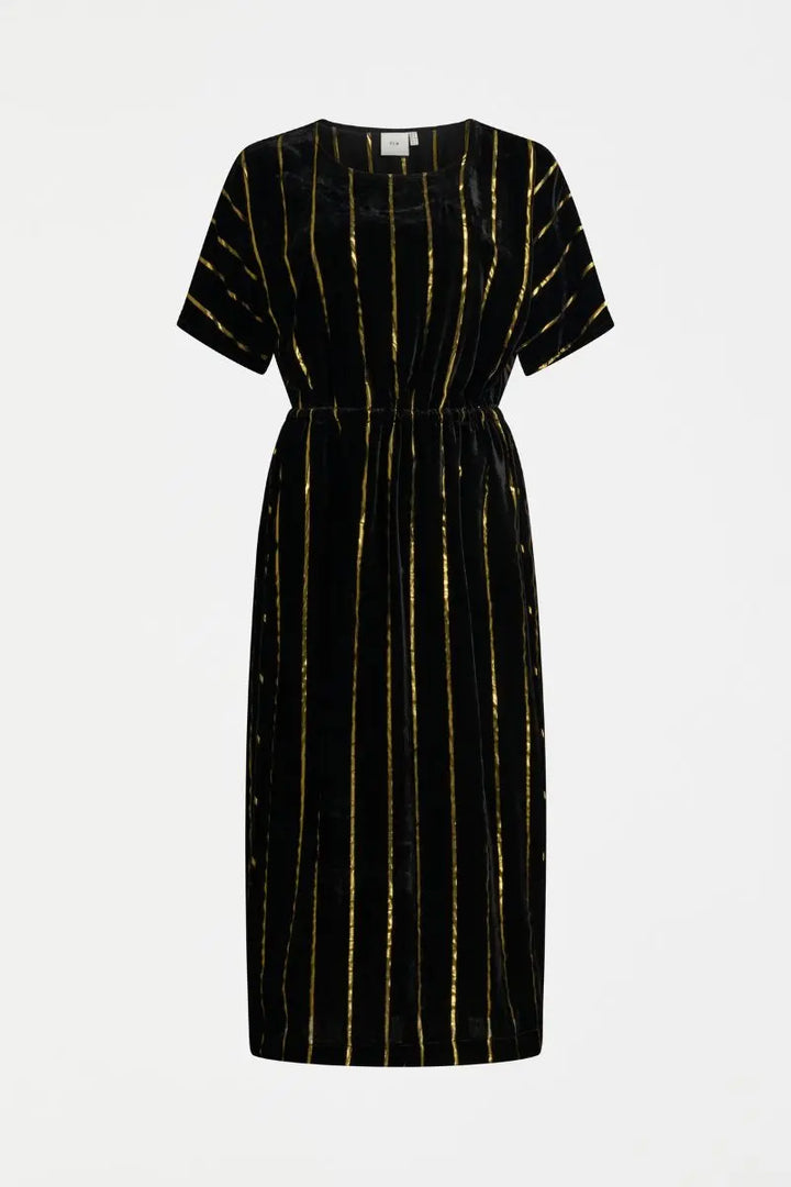 Woman wearing Lumii Dress in Black and Gold by Elk the Label detail