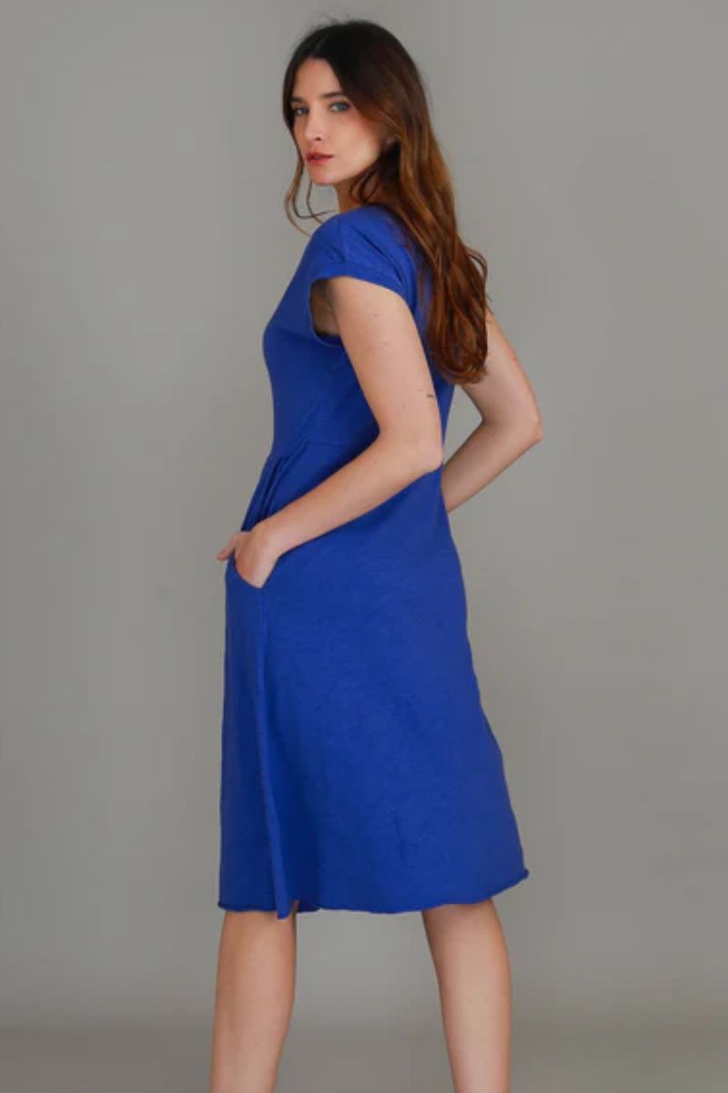 Woman wearing a blue dress against a gray background