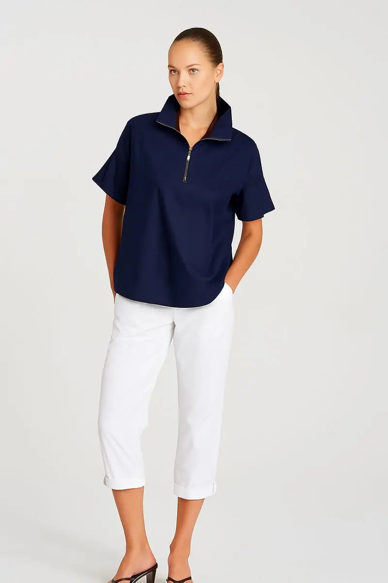 Woman wearing Mela Purdie F65 8572 Half Zip Shirt in French Navy front view