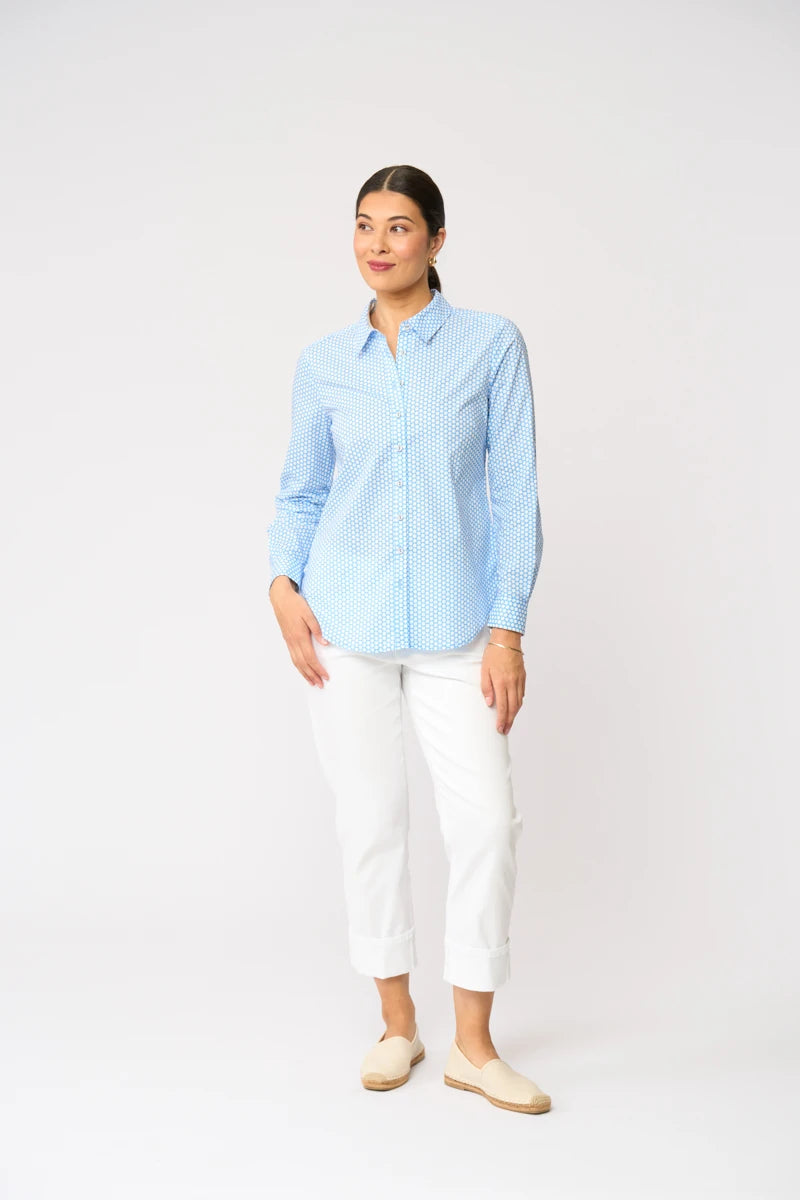 Foil All Class Shirt FO7428 in Dot It Blue, front view on model with white cropped pants