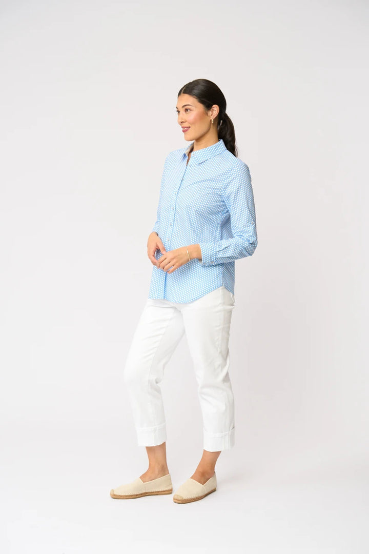 Foil All Class Shirt FO7428 in Dot It Blue, side view showing curved hem and long sleeves