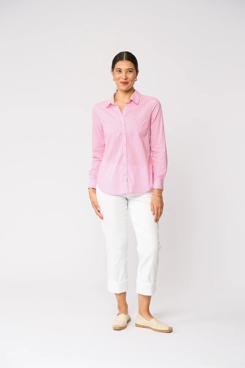 Foil All Class Shirt FO7428 in Dot It Pink, front view on model with white cropped pants
