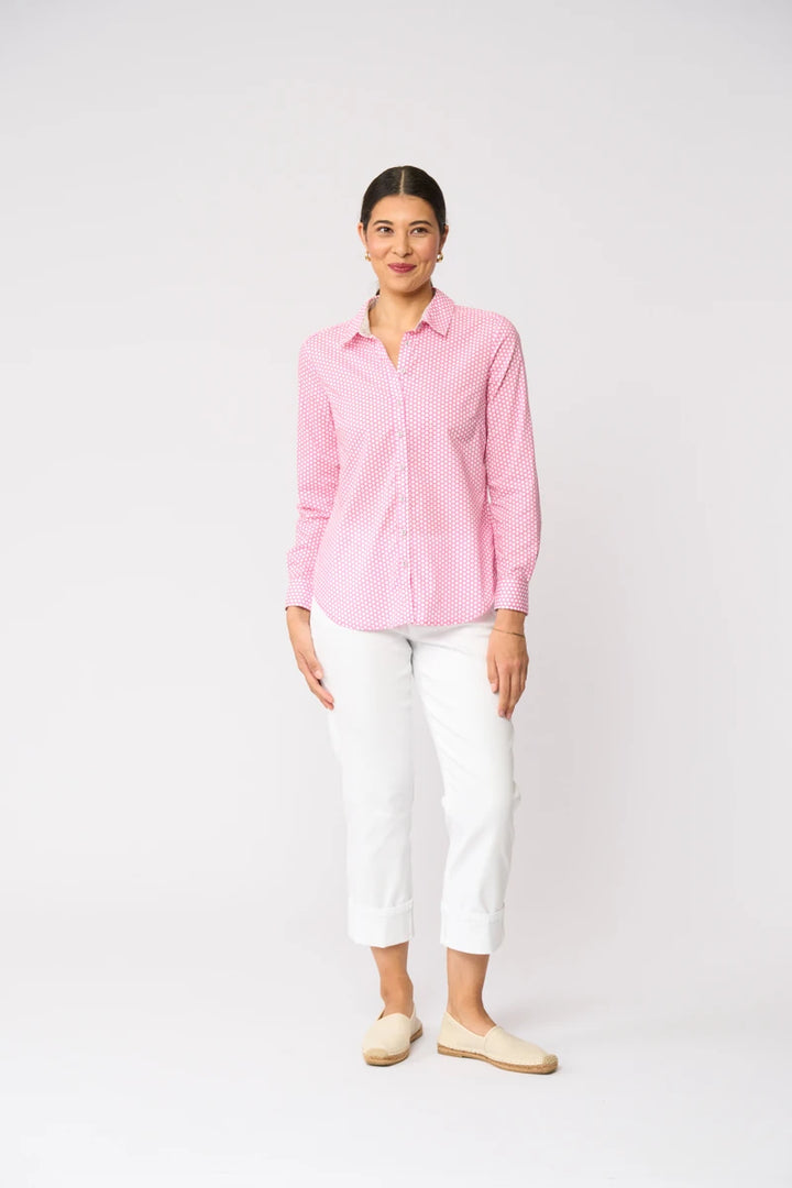 Foil All Class Shirt FO7428 in Dot It Pink, front view on model with white cropped pants