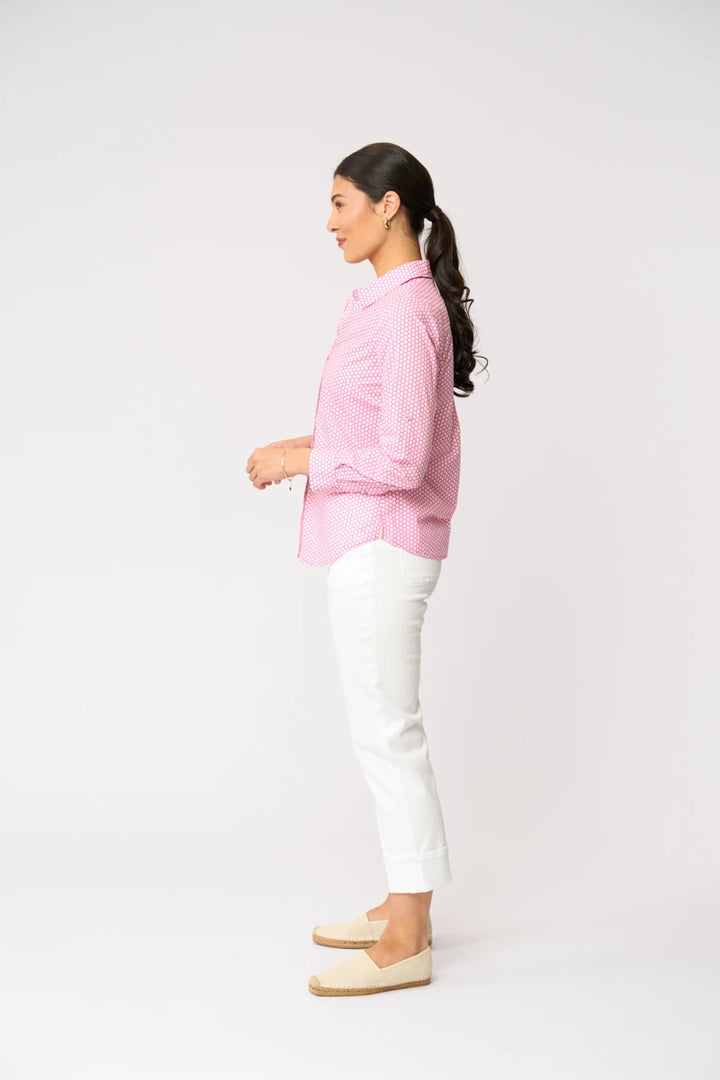 Foil All Class Shirt FO7428 in Dot It Pink, side view showing curved hem and long sleeves
