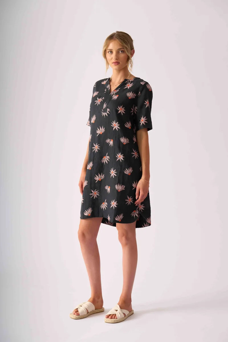 Foil Stitch Up Linen Dress In Flower FO8608