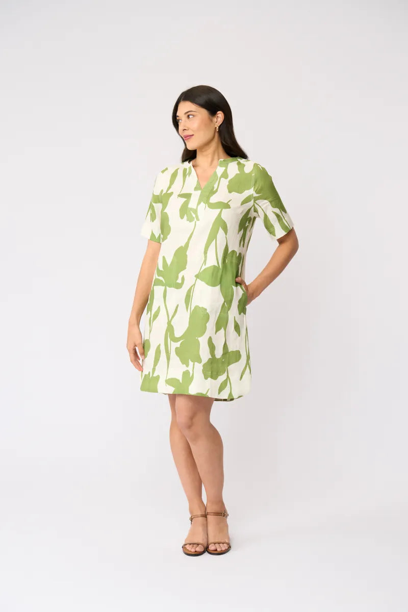 Foil Stitch Up Linen Dress FO8608 in Zinnia print, angled front view