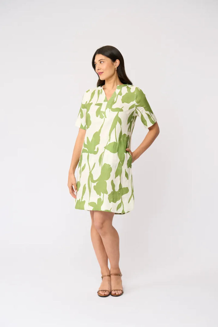 Foil Stitch Up Linen Dress FO8608 in Zinnia print, angled front view