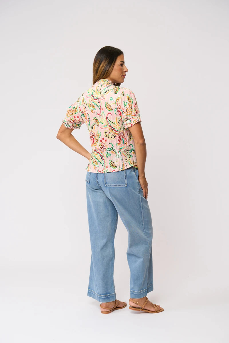Foil Crushing It Cap Sleeve Shirt FO8615 in Sequoia print, back view showing the shirt shape and all-over print.