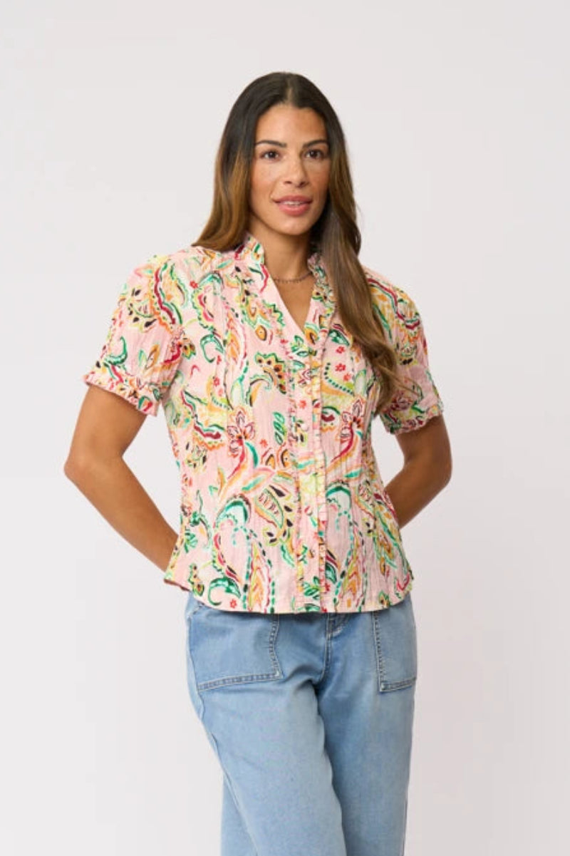 Foil Crushing It Cap Sleeve Shirt FO8615 in Sequoia print, front view styled with washed blue wide-leg jeans.