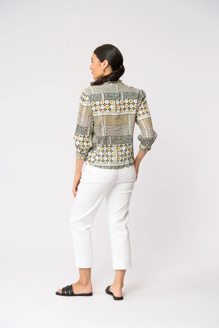 Foil Crushing It 3/4 Sleeve Top FO8616 in Patchwork print, back view showing the graphic all-over pattern and relaxed shirt shape.