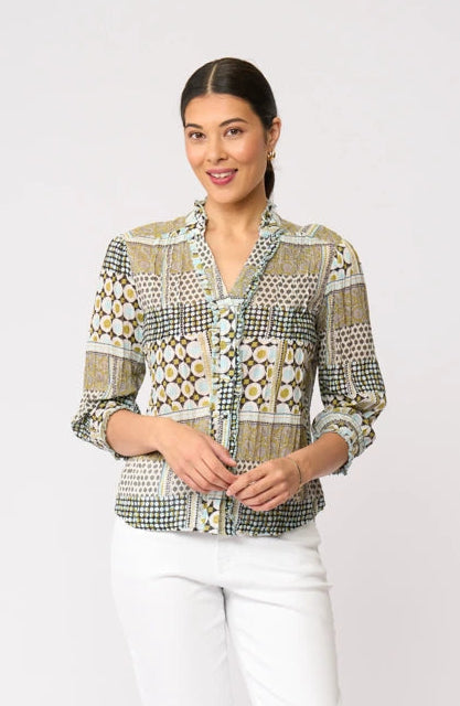 Foil Crushing It 3/4 Sleeve Top FO8616 in Patchwork print, front view styled with white cropped pants and black slides.
