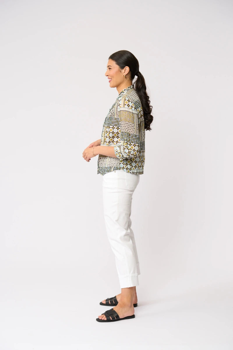 Foil Crushing It 3/4 Sleeve Top FO8616 in Patchwork print, side view showing the easy hip-length shape and three-quarter sleeve.