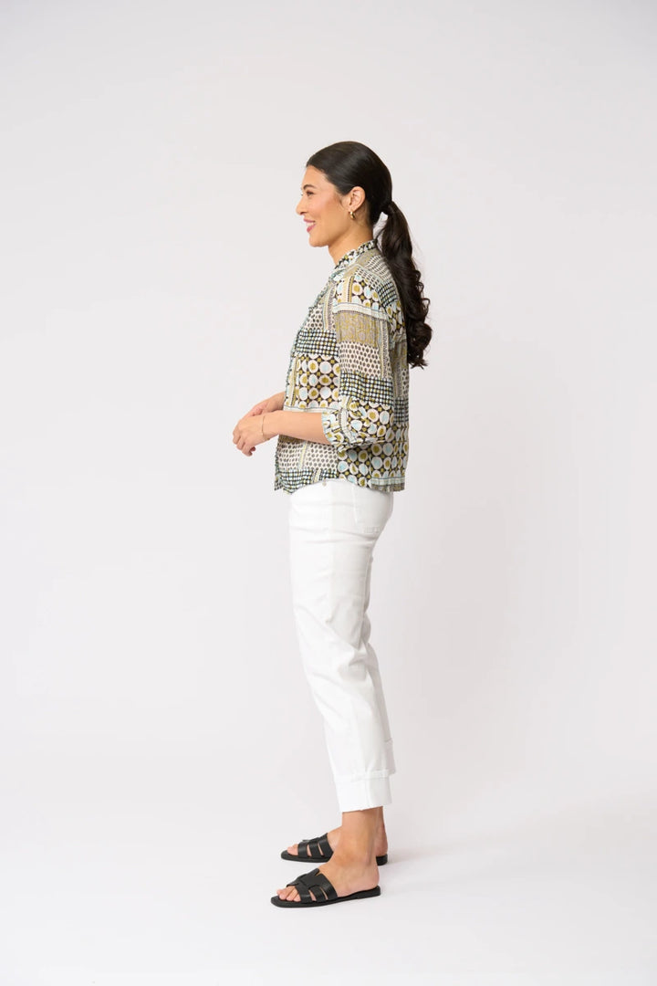 Foil Crushing It 3/4 Sleeve Top FO8616 in Patchwork print, side view showing the easy hip-length shape and three-quarter sleeve.