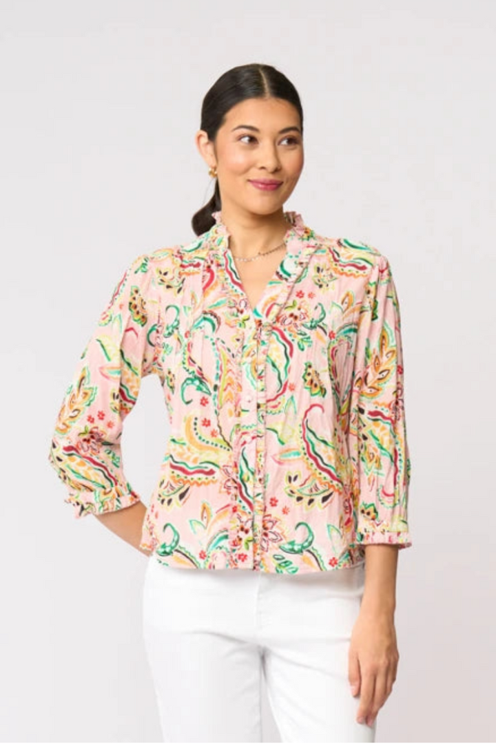 Foil Crushing It 3/4 Sleeve Top FO8616 in Sequoia print, front view styled with white cropped pants and tan sandals.