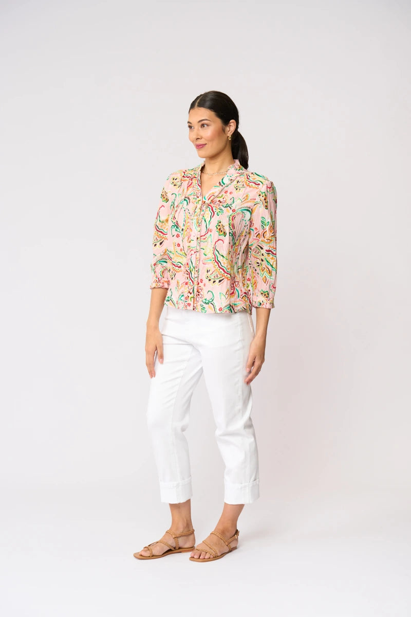 Foil Crushing It 3/4 Sleeve Top FO8616 in Sequoia print, angled front view showing collar, button front and three-quarter sleeves.