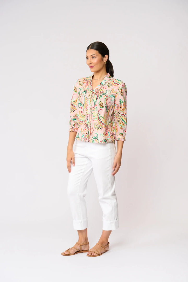 Foil Crushing It 3/4 Sleeve Top FO8616 in Sequoia print, angled front view showing collar, button front and three-quarter sleeves.
