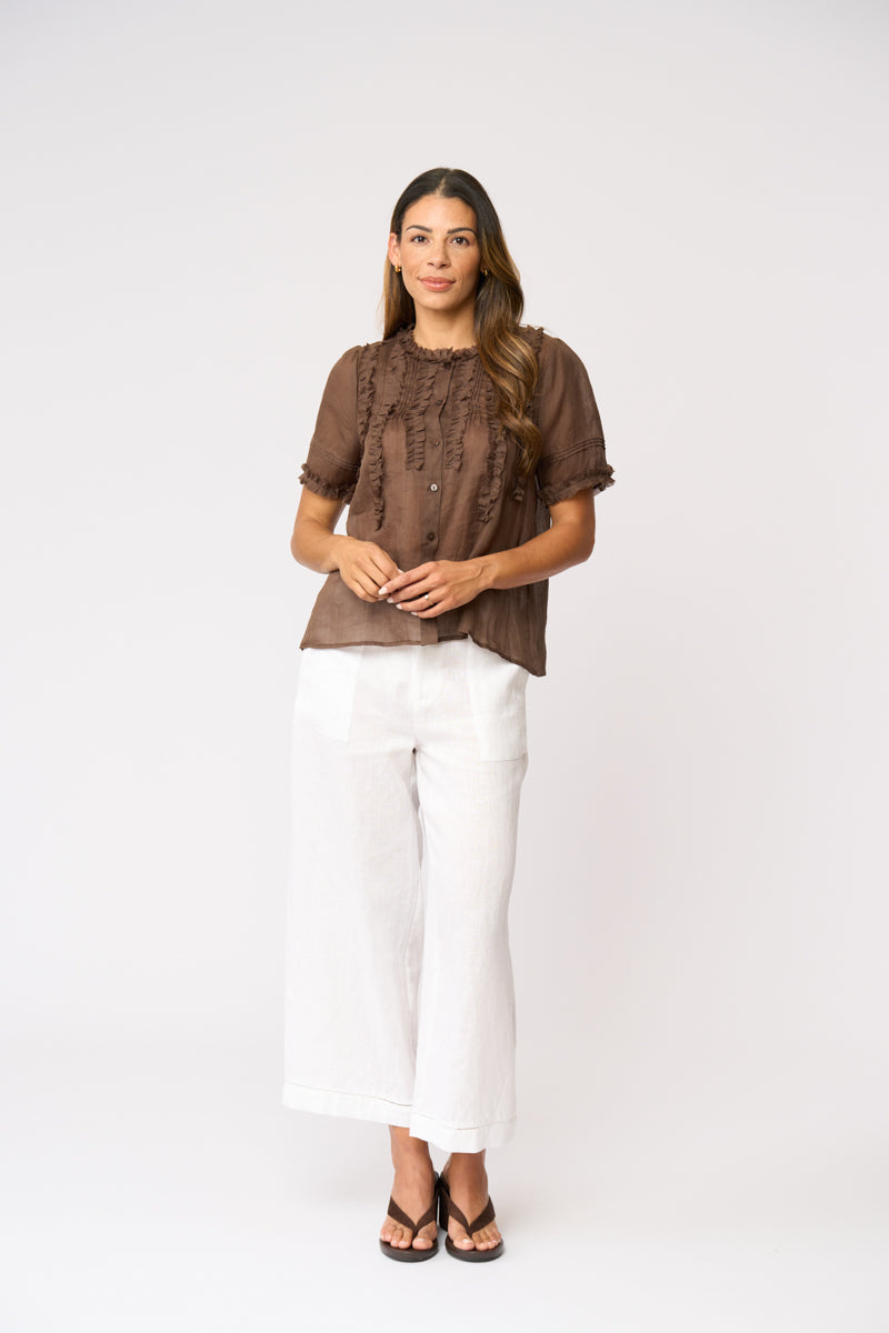 Foil Frill Of It Blouse FO8654 in Cocoa, front alternate view