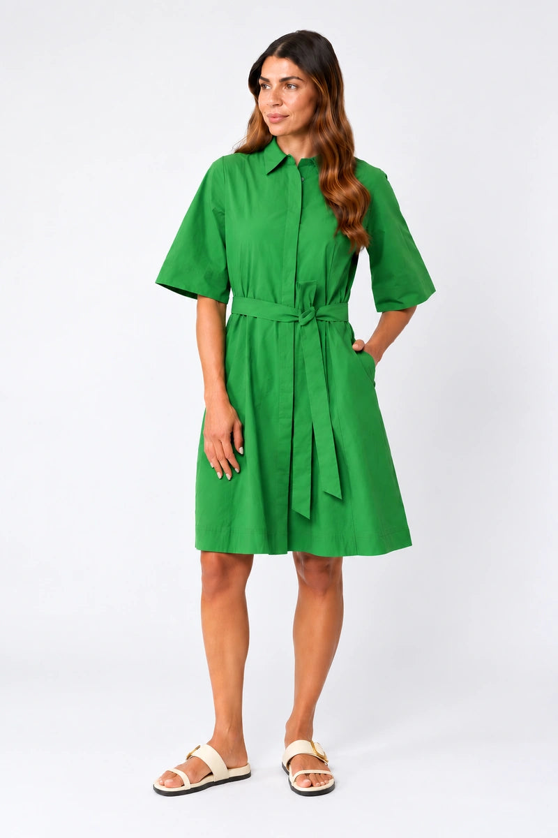Foil Stitch Savvy Dress FO8666 in Le Palma green, belted front view