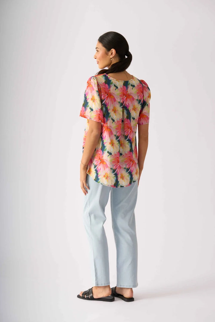 Foil Enchanting Top FO8691 in Flower Burst, back view showing centre-back pleat and relaxed linen shape