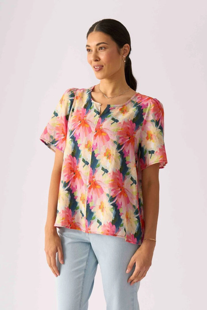 Foil Enchanting Top FO8691 in Flower Burst, close view showing multicoloured floral linen print and short sleeves