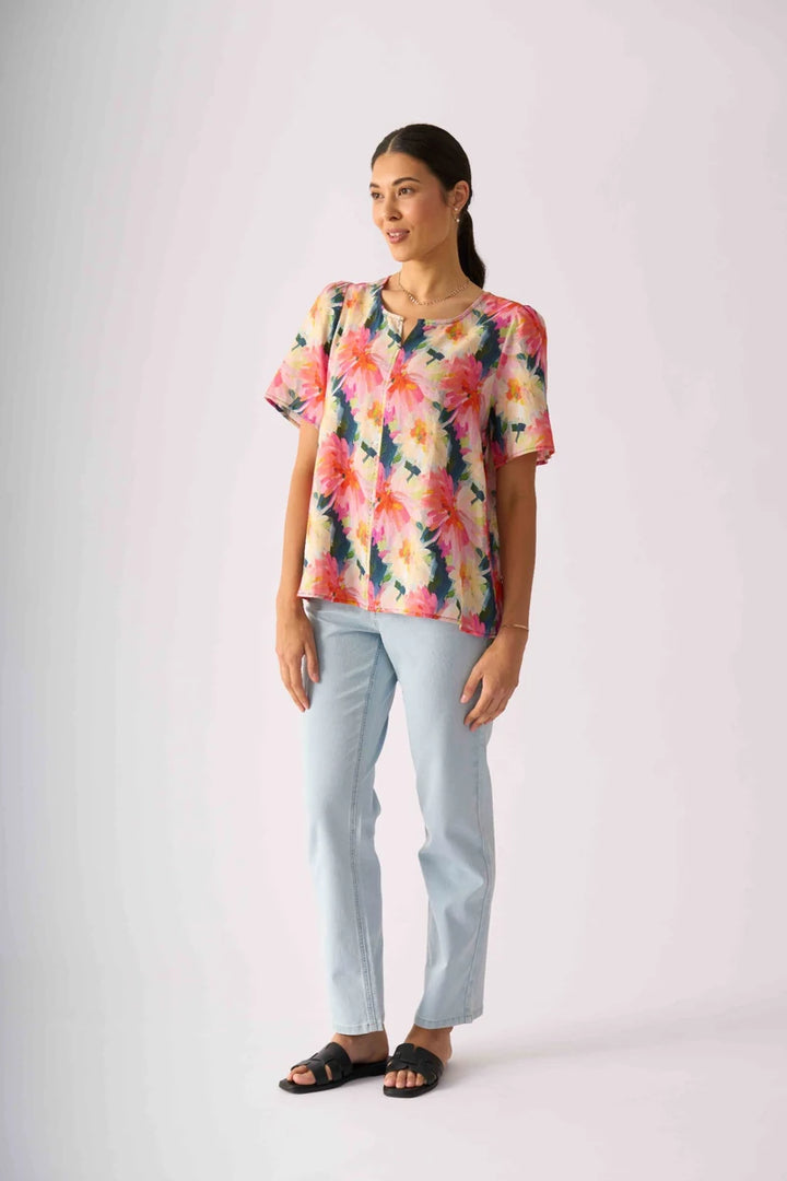 Foil Enchanting Top FO8691 in Flower Burst, front view showing multicoloured floral linen print and short sleeves