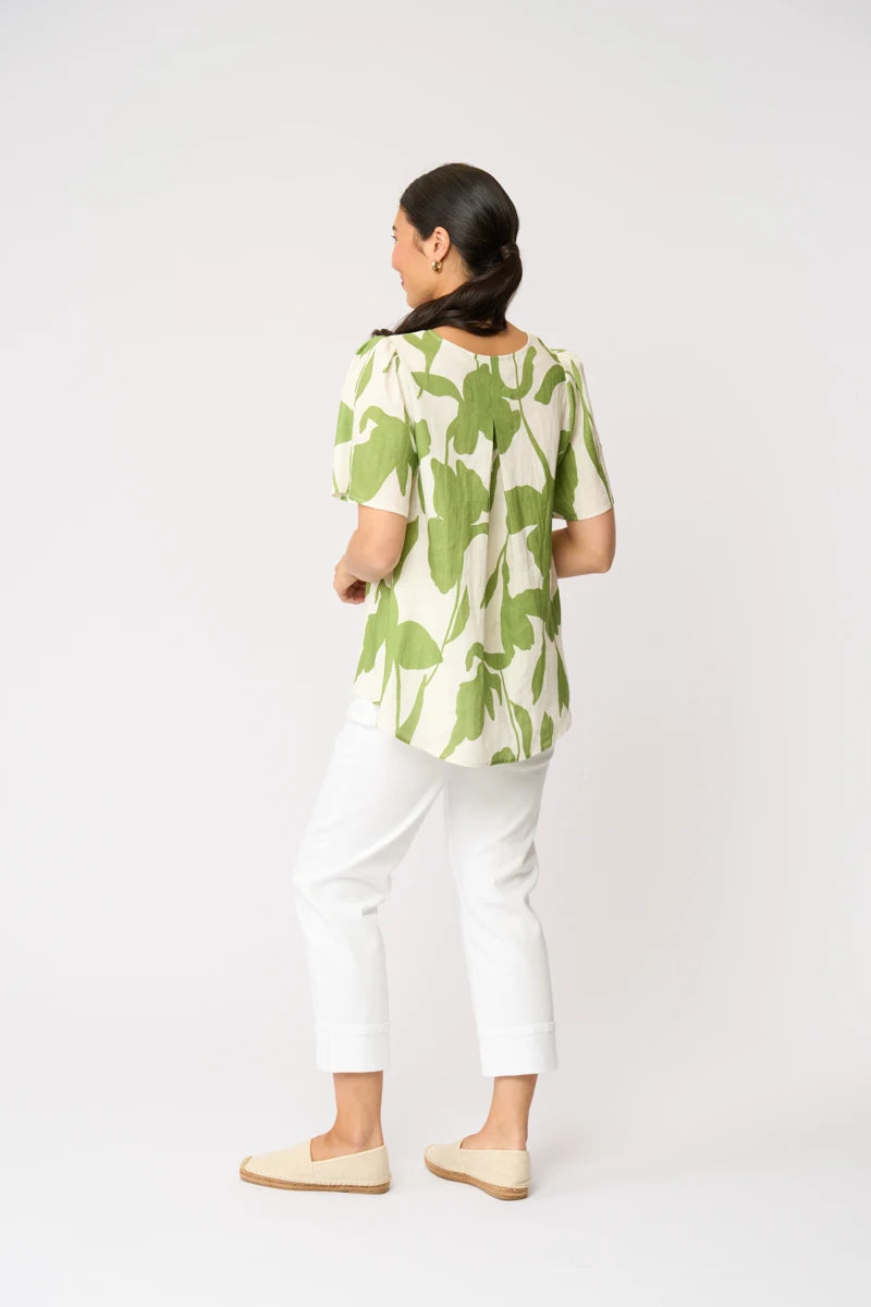 Foil Enchanting Top FO8691 in Zinnia, back view showing green botanical print and centre-back pleat