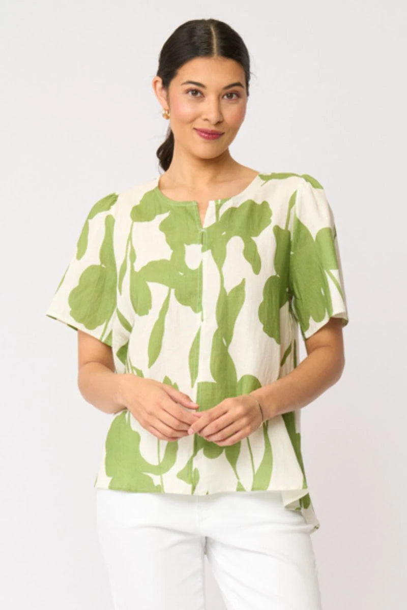 Foil Enchanting Top FO8691 in Zinnia, close view showing green botanical print on cream linen