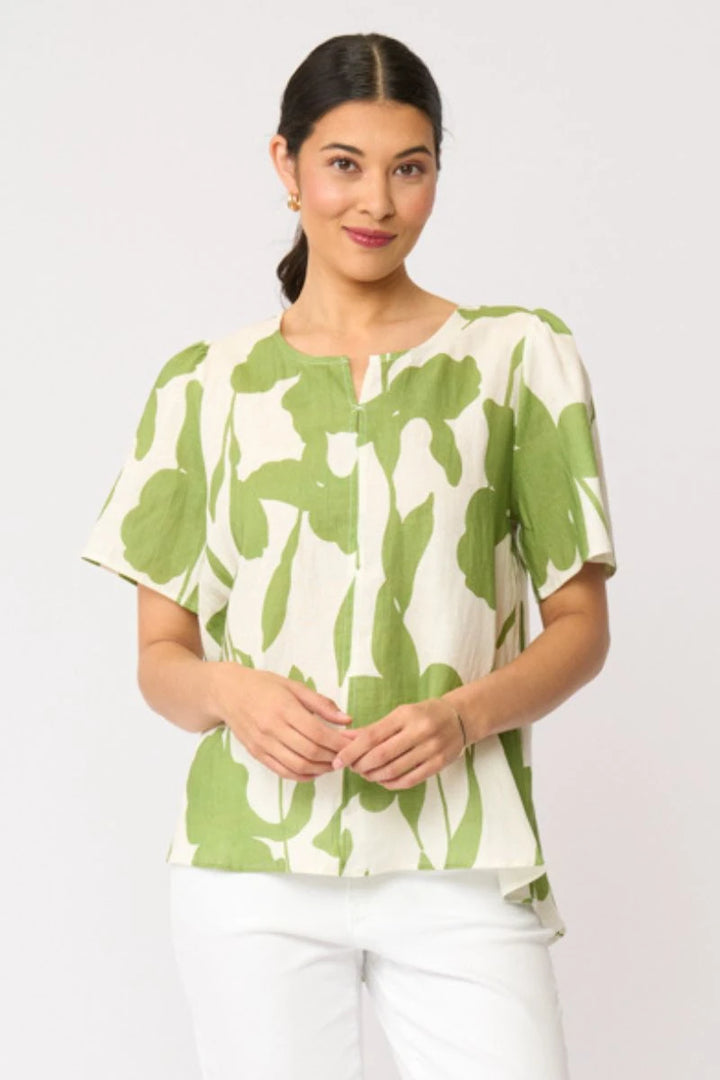 Foil Enchanting Top FO8691 in Zinnia, close view showing green botanical print on cream linen