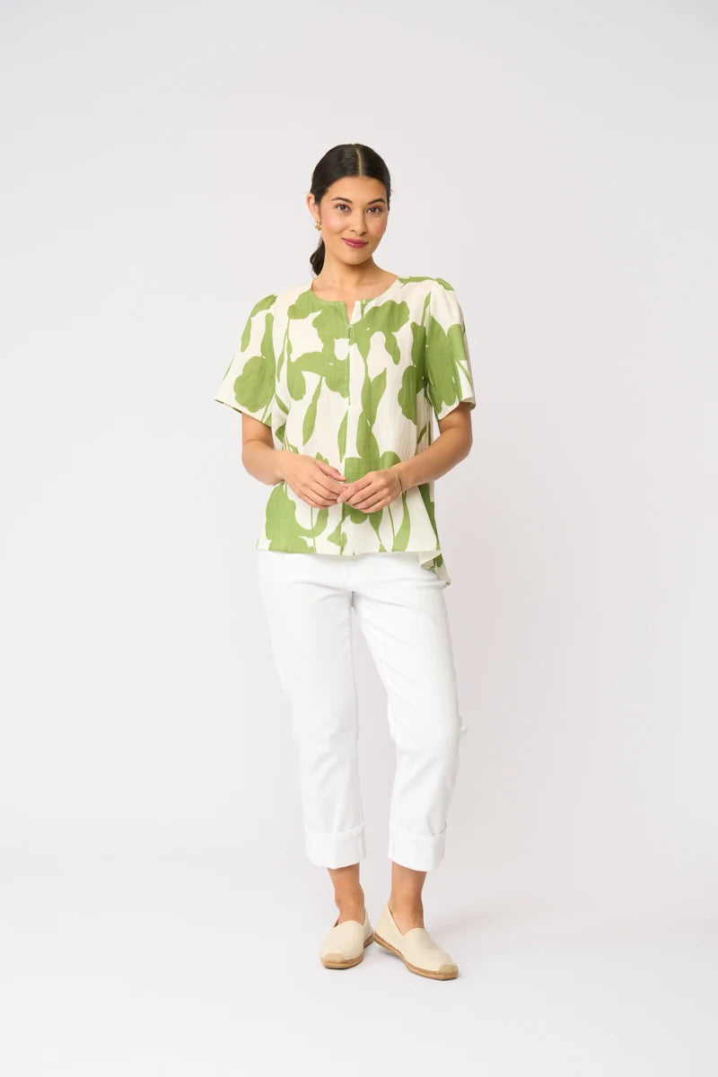 Foil Enchanting Top FO8691 in Zinnia, front view showing green botanical print on cream linen