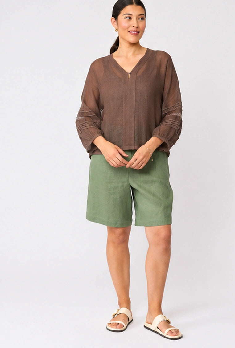 Foil Detailed Account Top FO8692 in Cocoa, front view on model
