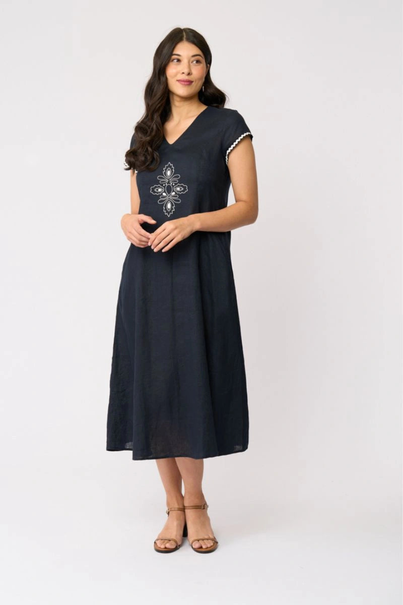 Foil Flock Yeah Dress FO8716 in True Navy, front view on model